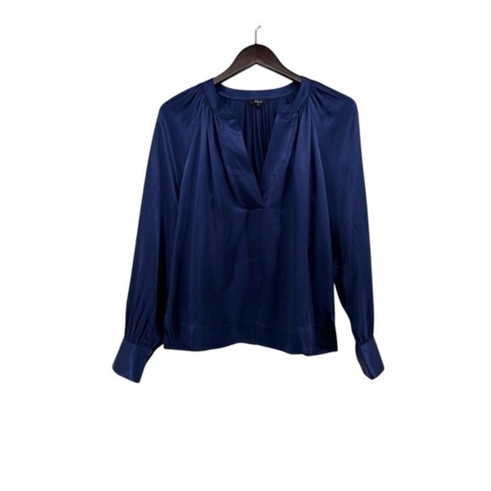 Rails Navy Blue Satin V-Neck‎ Blouse Long Sleeve Shirred Top Small